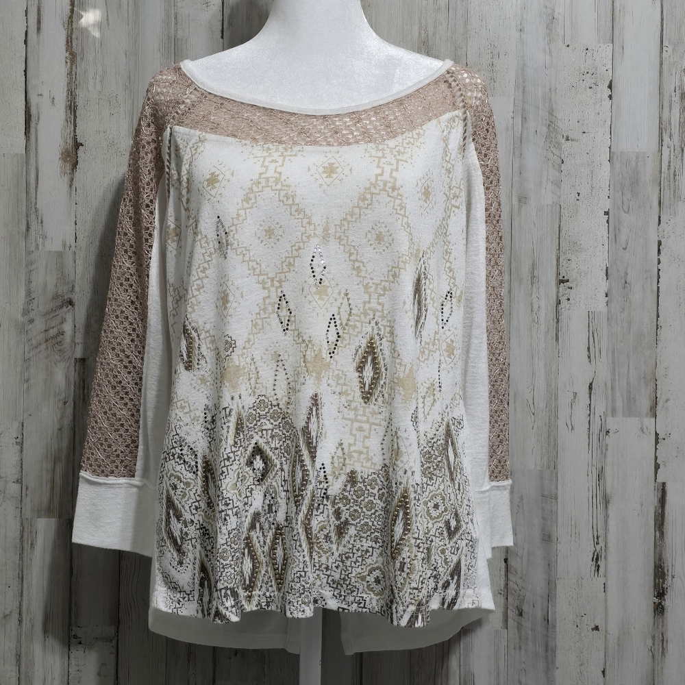 Miss Me Cream Tan Button Back 3/4 Sleeve Embellished Western Boho Y2K Top Medium